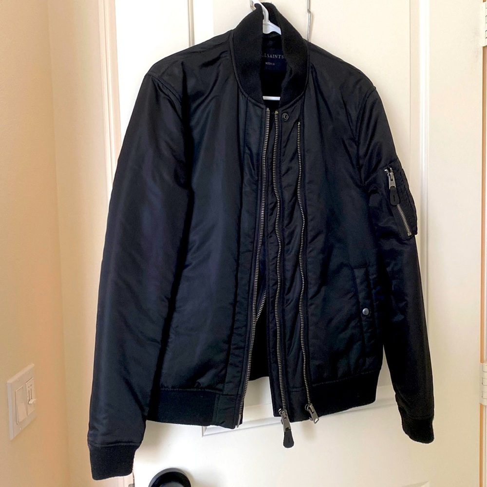 AllSaints Men’s Black Nylon Bomber Jacket (Medium)